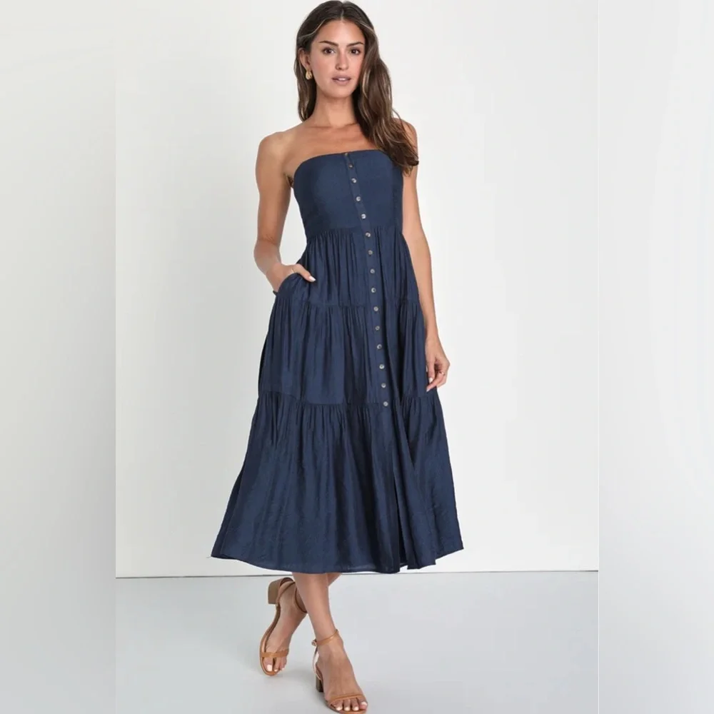 NWT Lulus Sweatness and Sunshine Navy Strapless Midi Dress - Picture 1 of 10